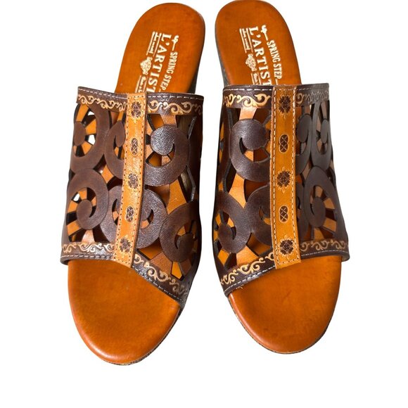 L'Artiste Spring Step Zoe Size 40 /9 Mules Sandals Platforms Laser Cut New Brown - Picture 5 of 13